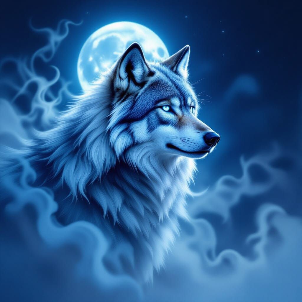 Spectral Wolf in Silver and Cobalt Mist