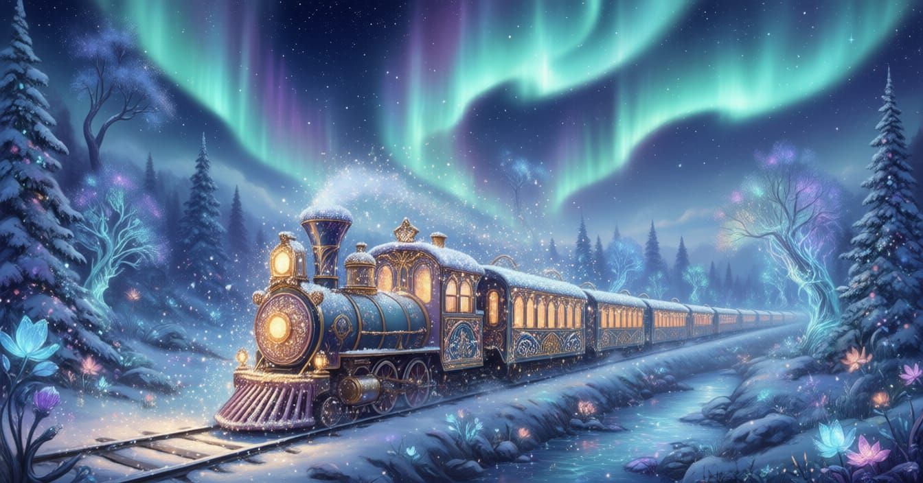 Art Nouveau Train in Magical Winter Wonderland