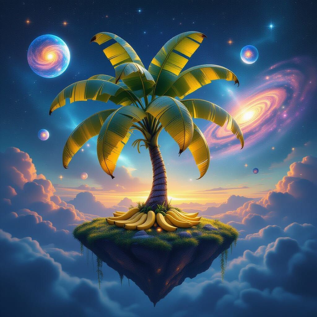 Photorealism. Medium shot. A mystical banana tree grows on a floating island in space, with celestial orbs orbiting it. ...