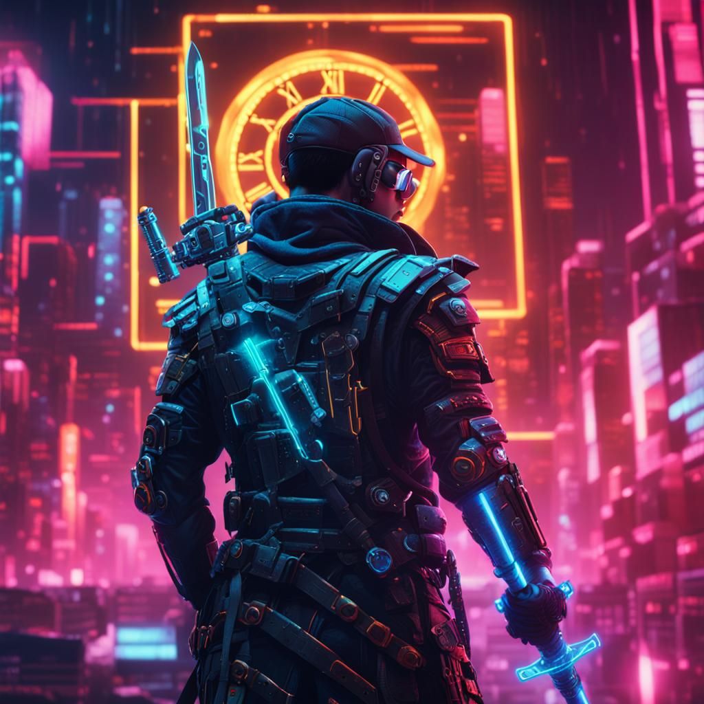 Cyberpunk Sword with Glowing Clock in Neon Lighting