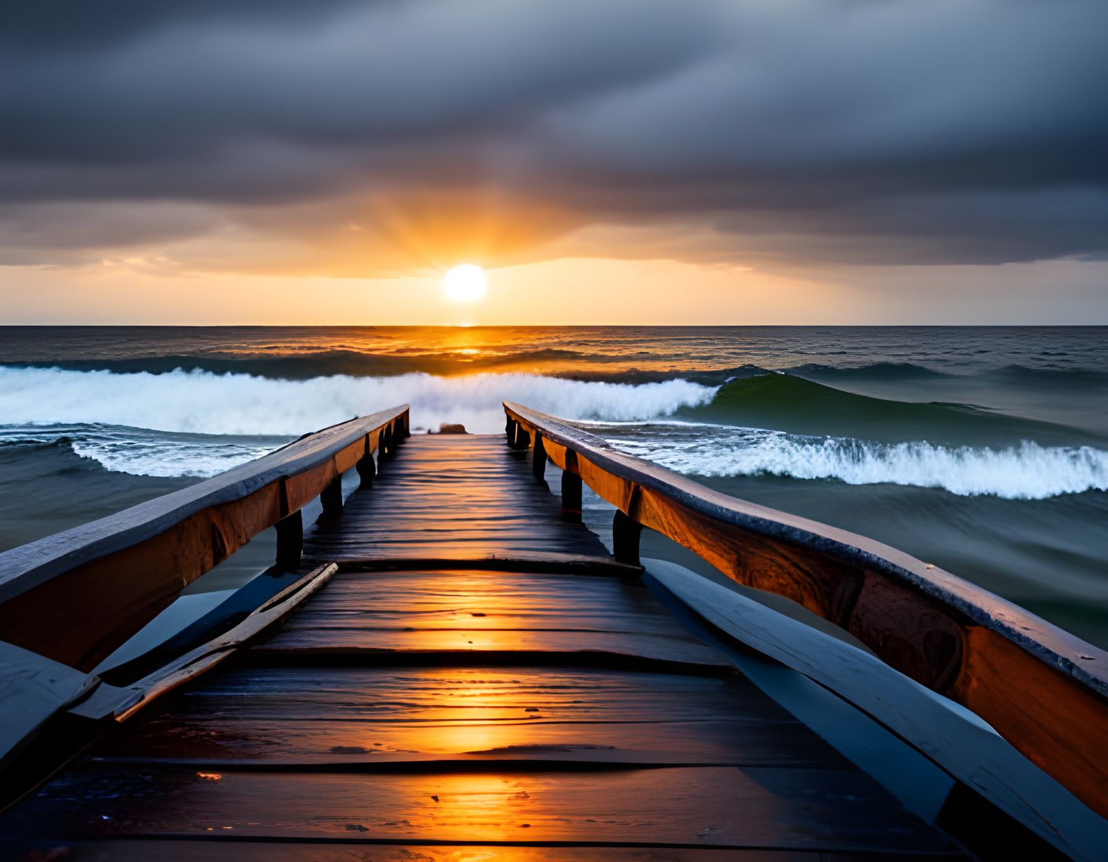 Stormy Ocean Sunset from Weathered Pontoon
