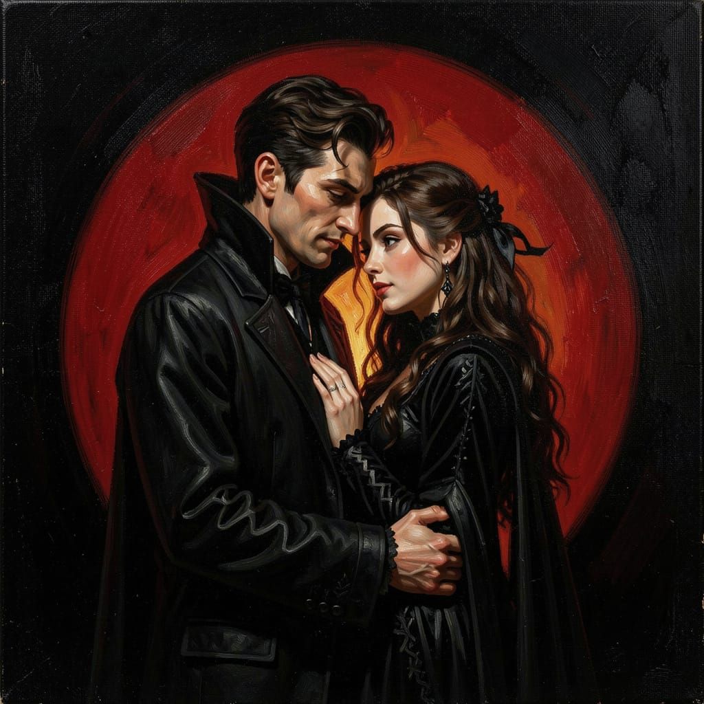 Gothic Vampire Oil Painting of Couple in Red Circle