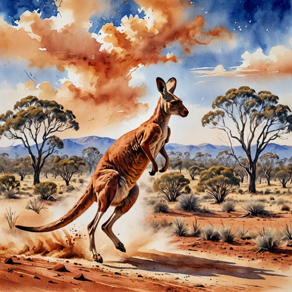 Kangaroo Bounding Through Outback Watercolor Landscape