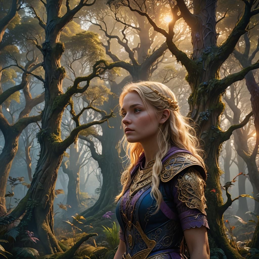 Blonde Girl in Fantasy Forest, Painterly Style