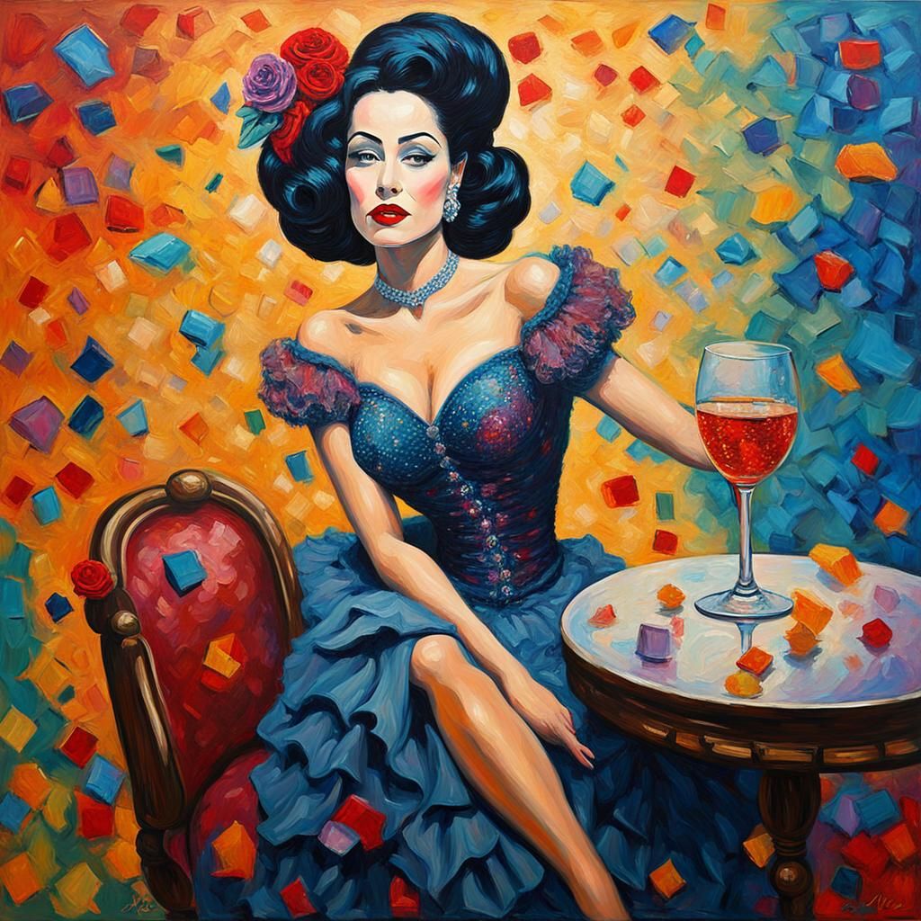 Burlesque Dancer in Champagne Glass: Expressionist Oil Paint...
