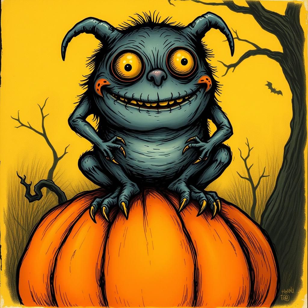 Cute Monster on Pumpkin in Gothic Illustration Style