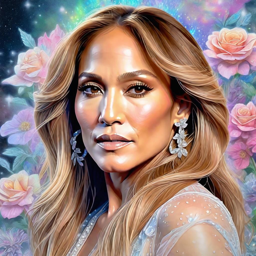 Jennifer Lopez Portrait with Flowers in Ethereal Style