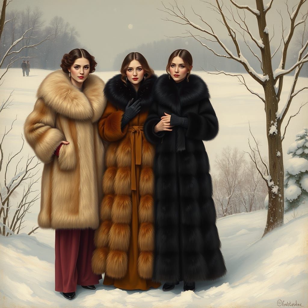 Elegant Women in Luxury Fur Coats Pose in Snowy Winter Lands...