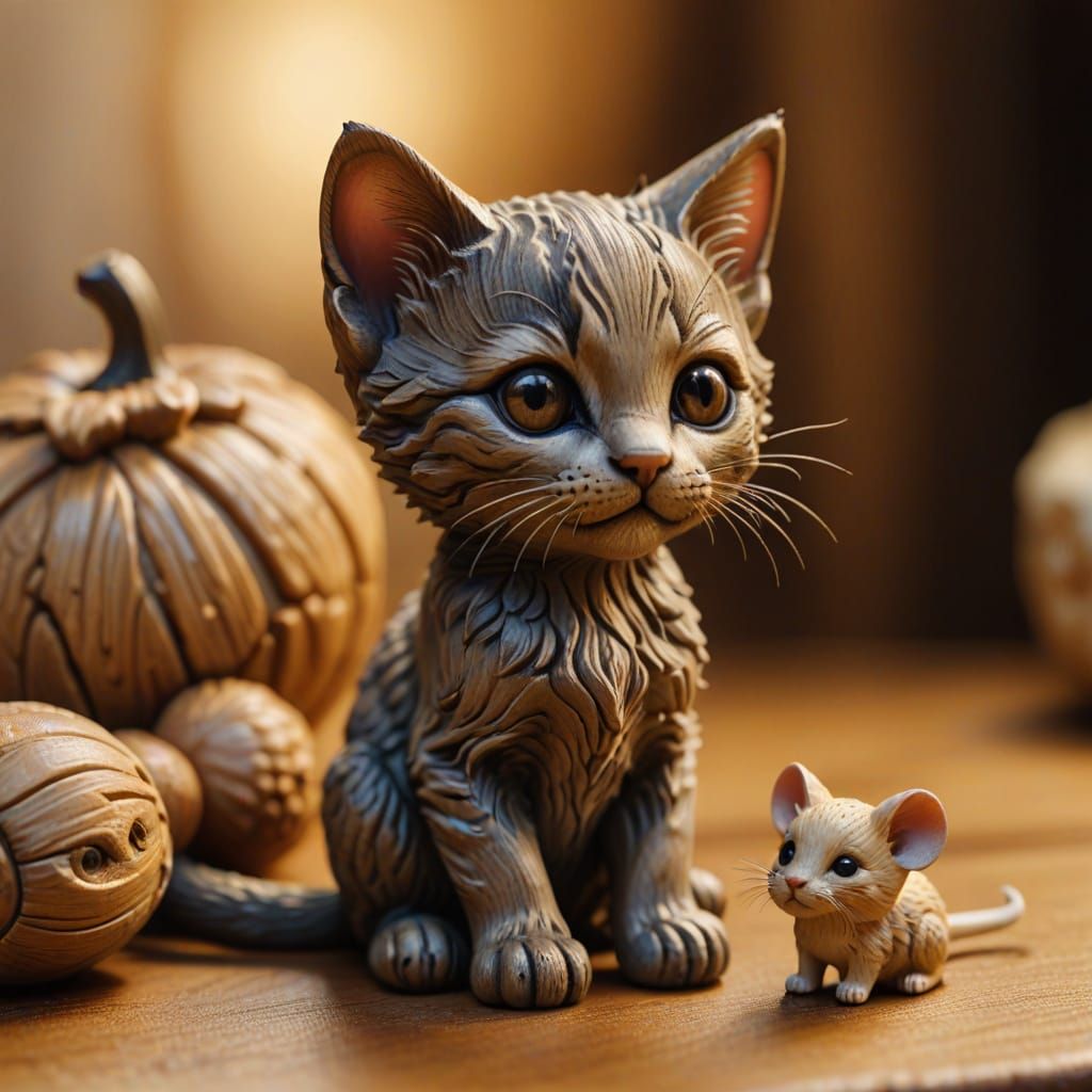 Miniature Kitten and Mouse Wood Carving Still Life