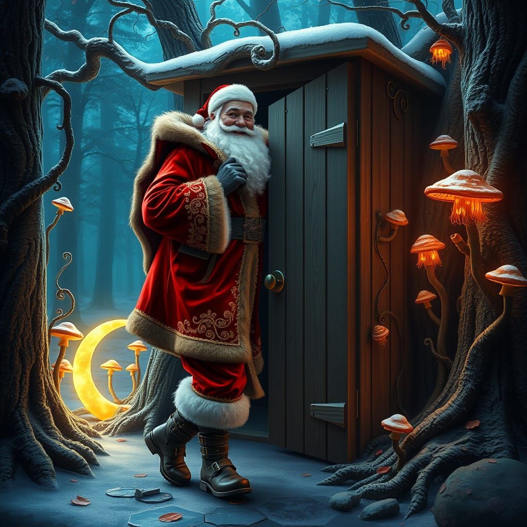 Jovial Santa Enters Whimsical Forest Bathroom