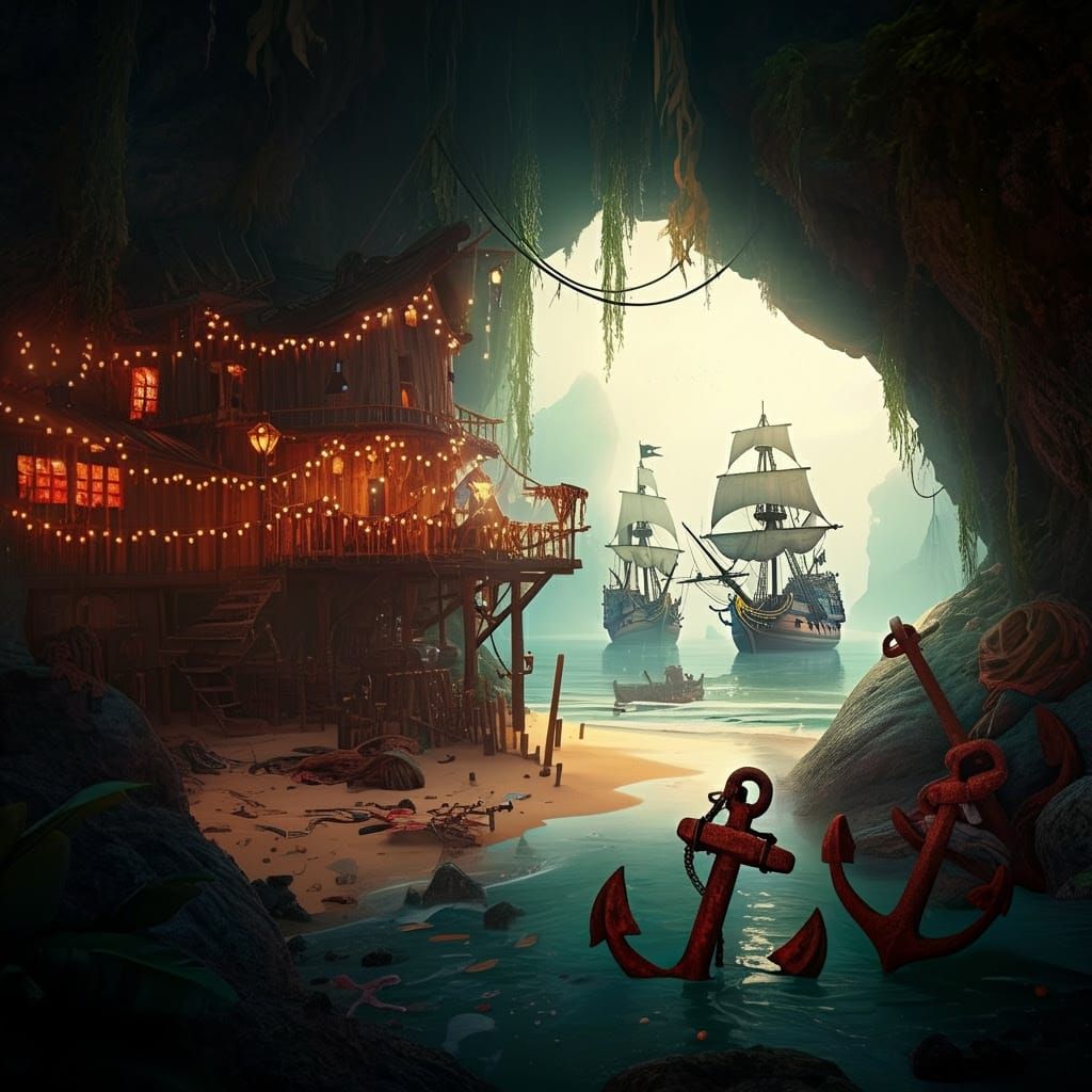 Whimsical Pirate Hideout Behind Waterfall in Tropical Paradi...