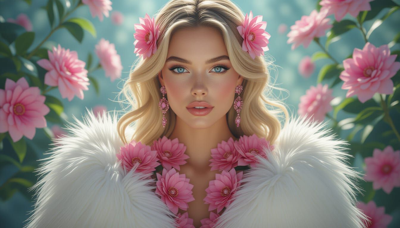 Ethereal Blonde Woman Adorned With Flowers and Fur