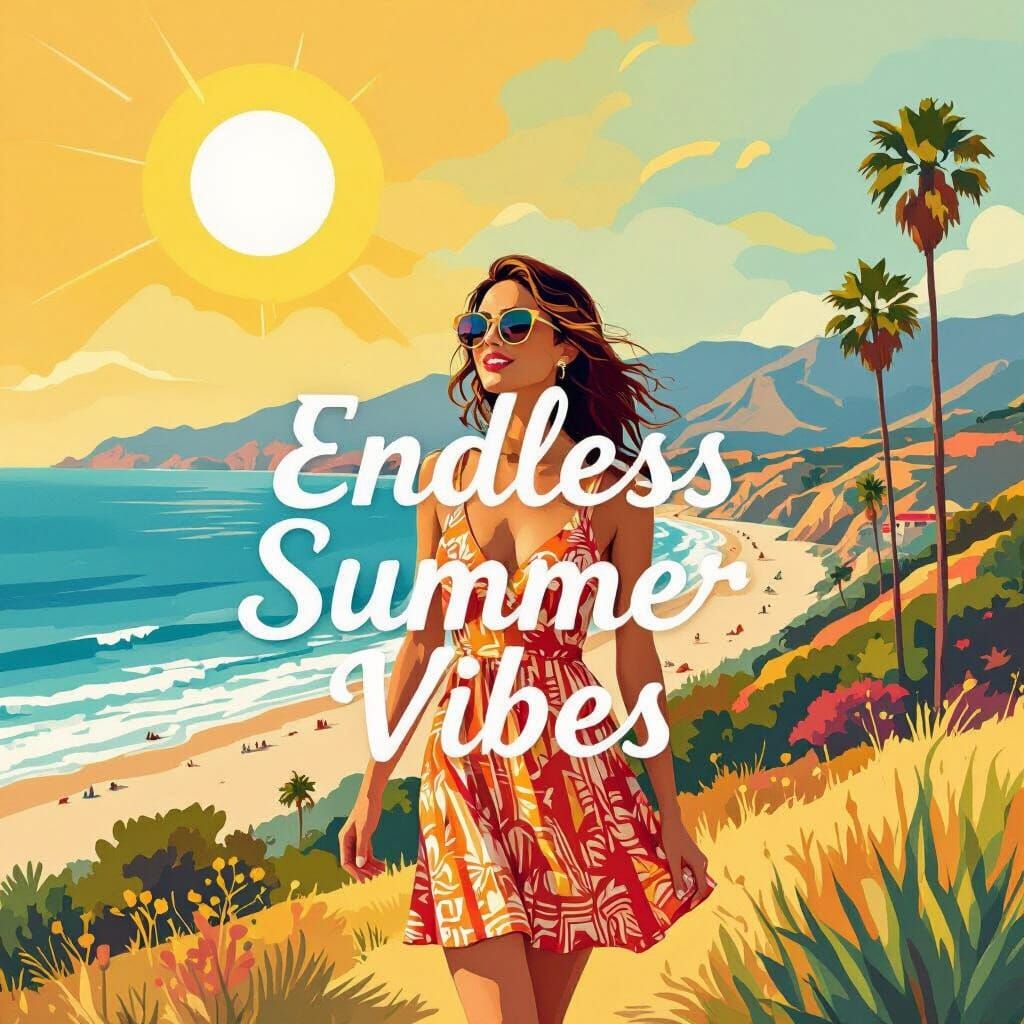 California Beach Scene in Vibrant Illustrative Style