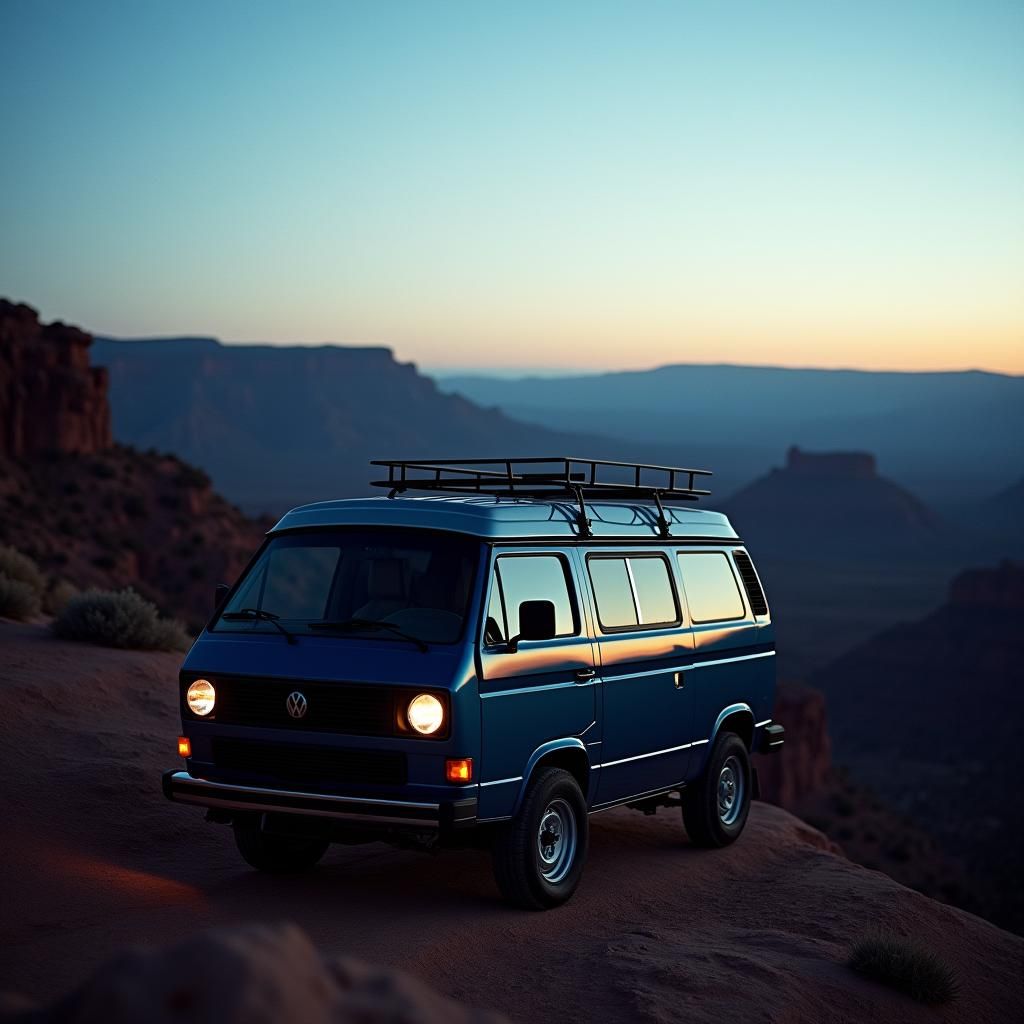 Volkswagen Vanagon in Moab Desert at Sunrise