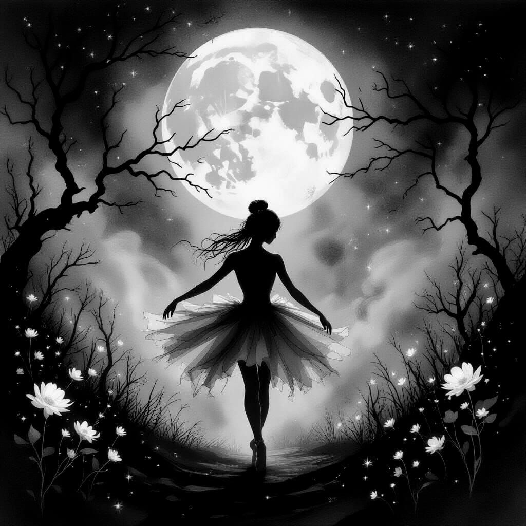 Eerie Moonlit Ballerina Silhouette in Watercolor and Ink