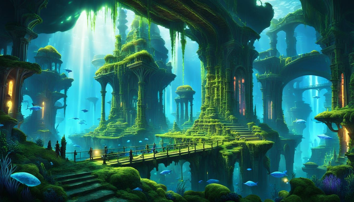 Underwater Atlantean City Ruins with Bioluminescent Glow