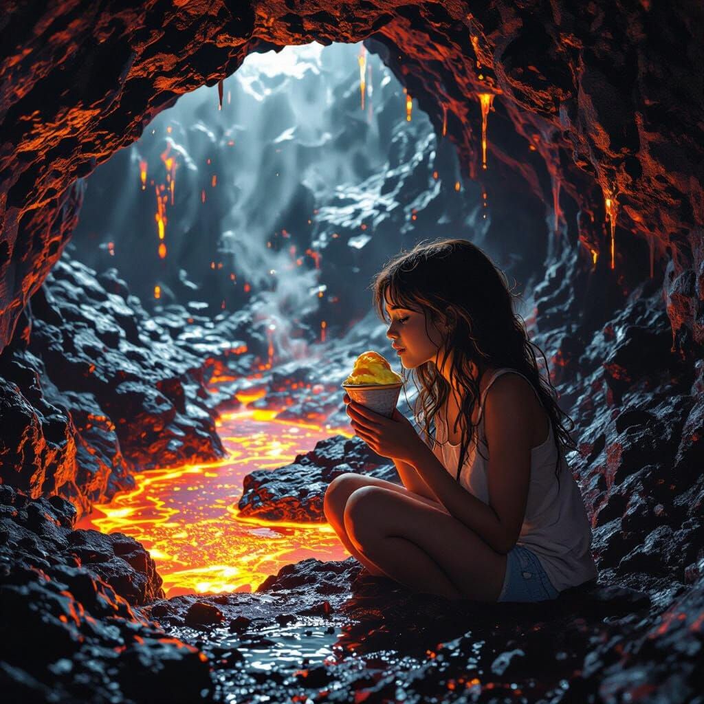Girl Savoring Lava Ice Cream in Volcanic Cave