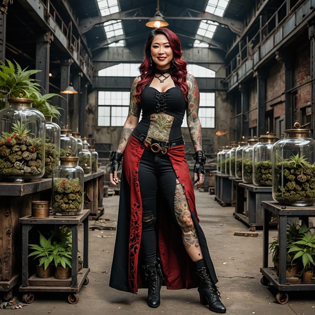 Tattooed Woman with Marijuana in Steampunk Setting