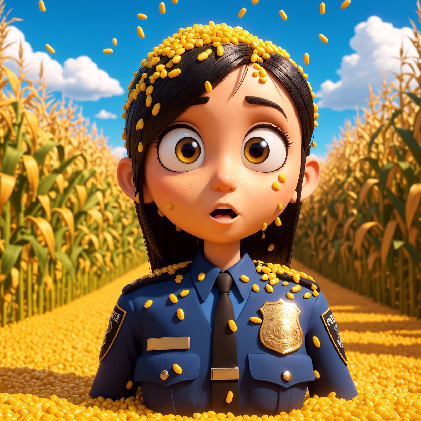 Cartoon Cop Drenched in Corn in Cornfield