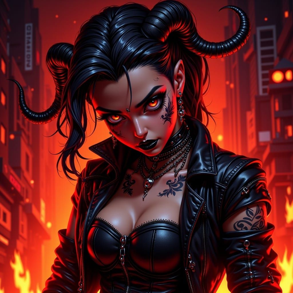 Punk Demon Woman with Tattoos in Gothic Horror Style
