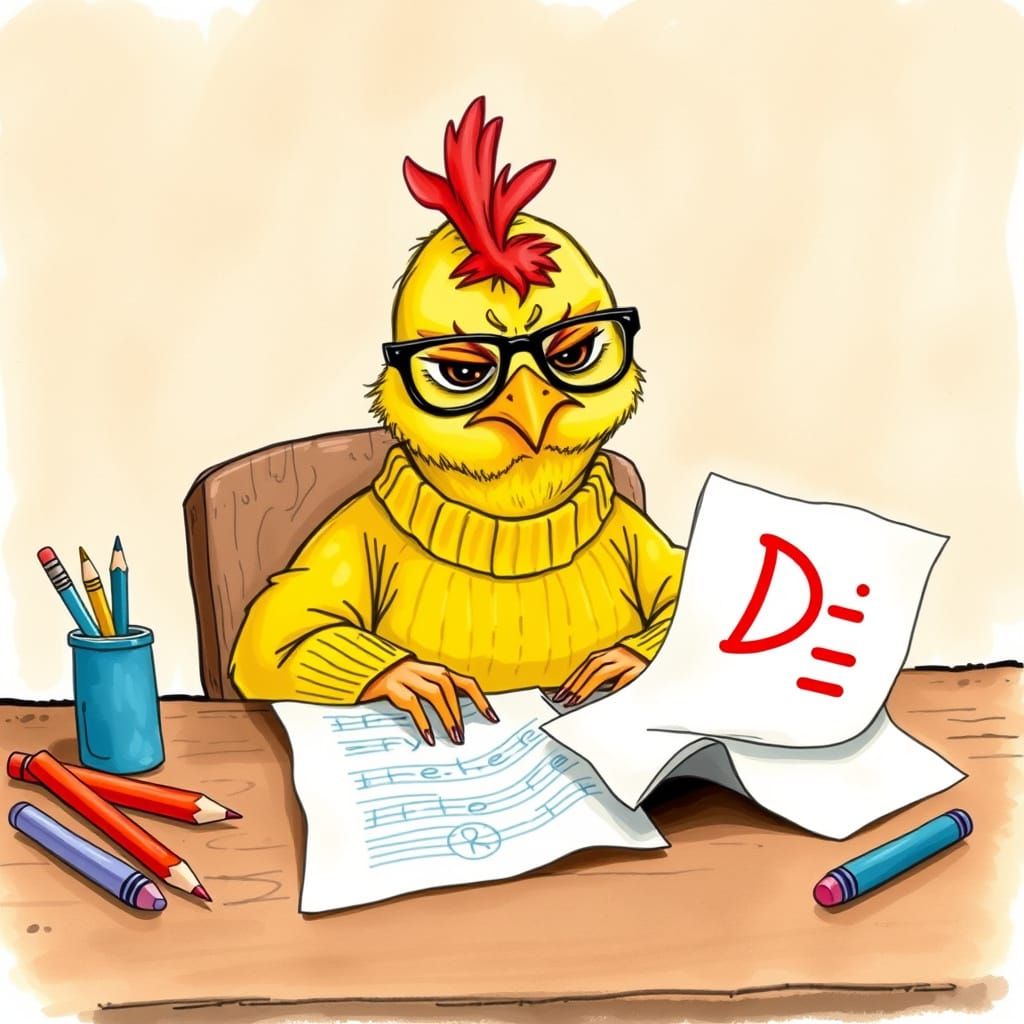 Grumpy Chicken Chick Fails Homework: Watercolor Illustration