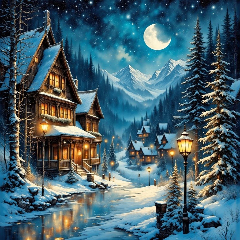 Enchanting Snowy Alpine Village with Cozy Pub