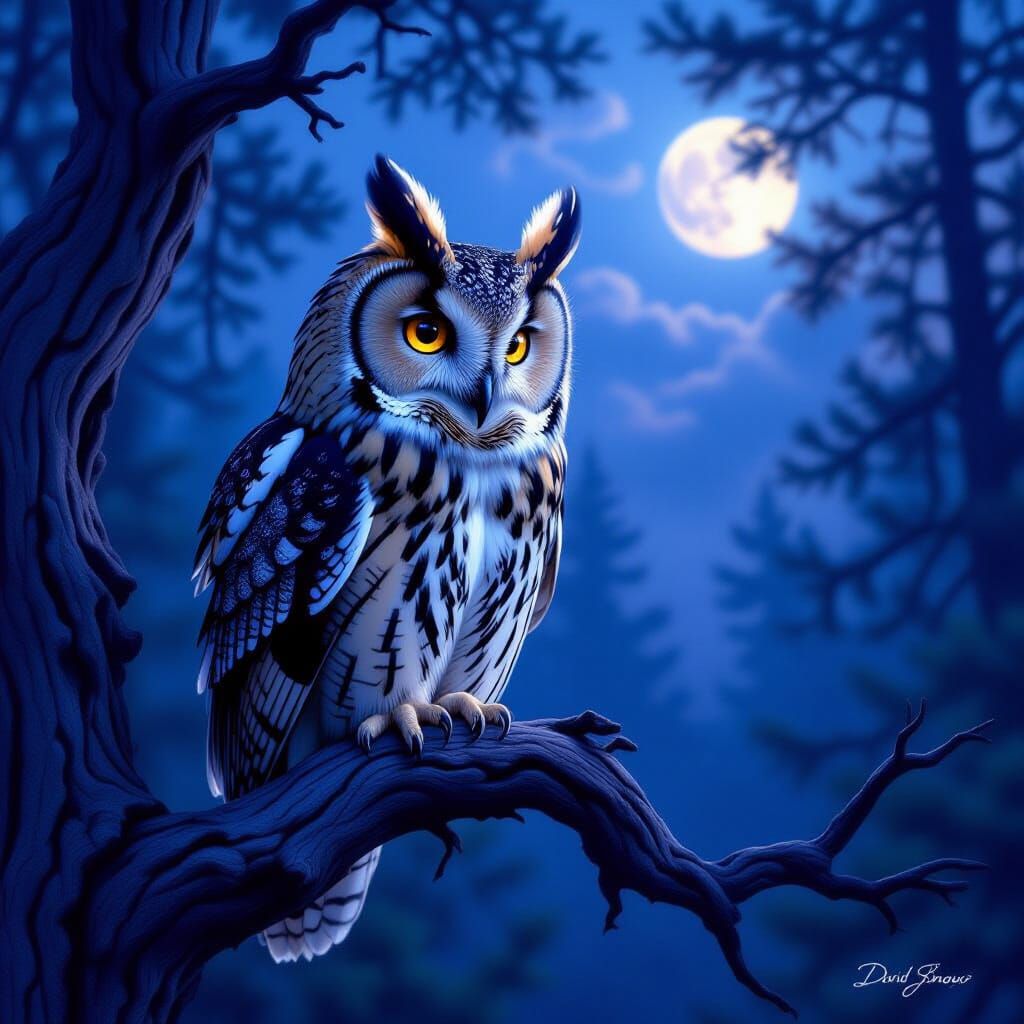 Wise Owl Watches for Prey in Ethereal Twilight Forest