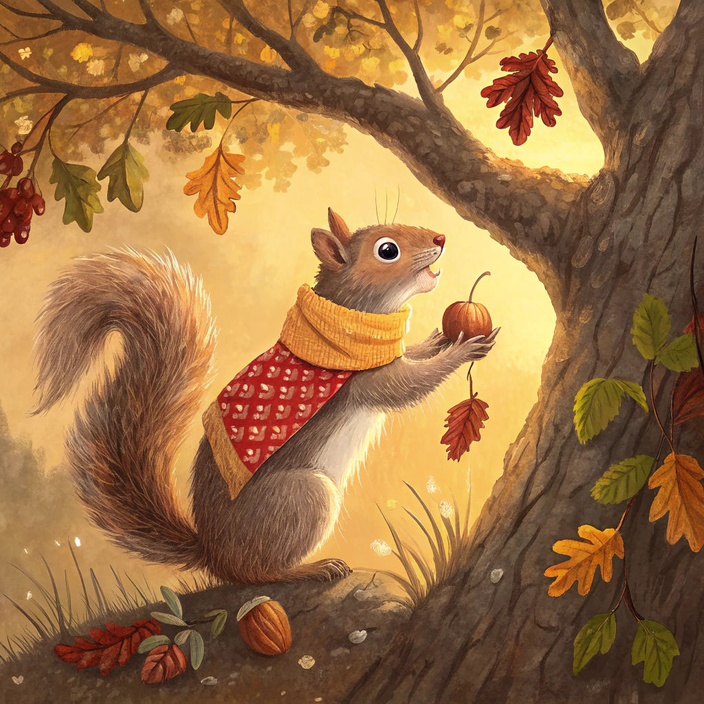 Squirrel in Autumn Scarf Reaching for Nut