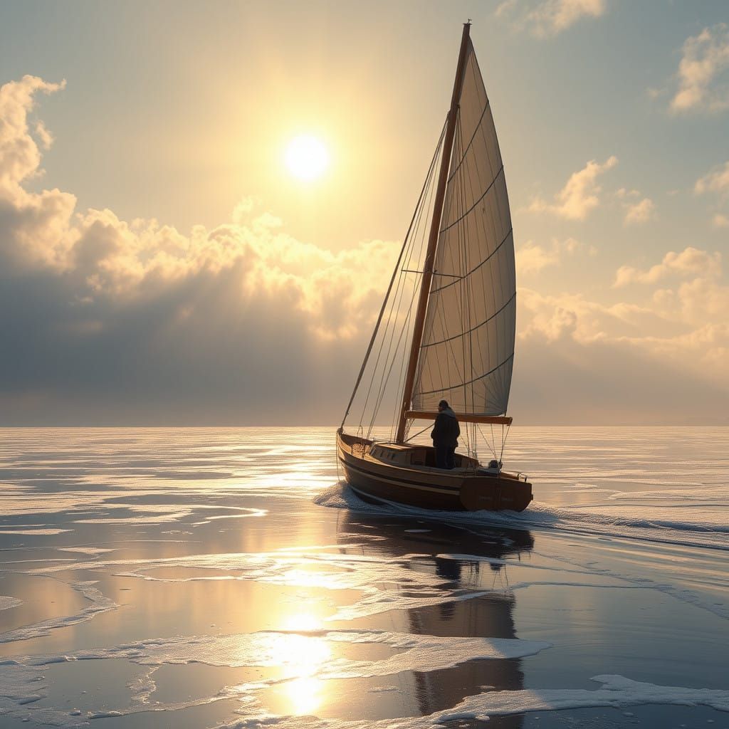 Winter Sailboat on Serene, Partly Frozen Lake