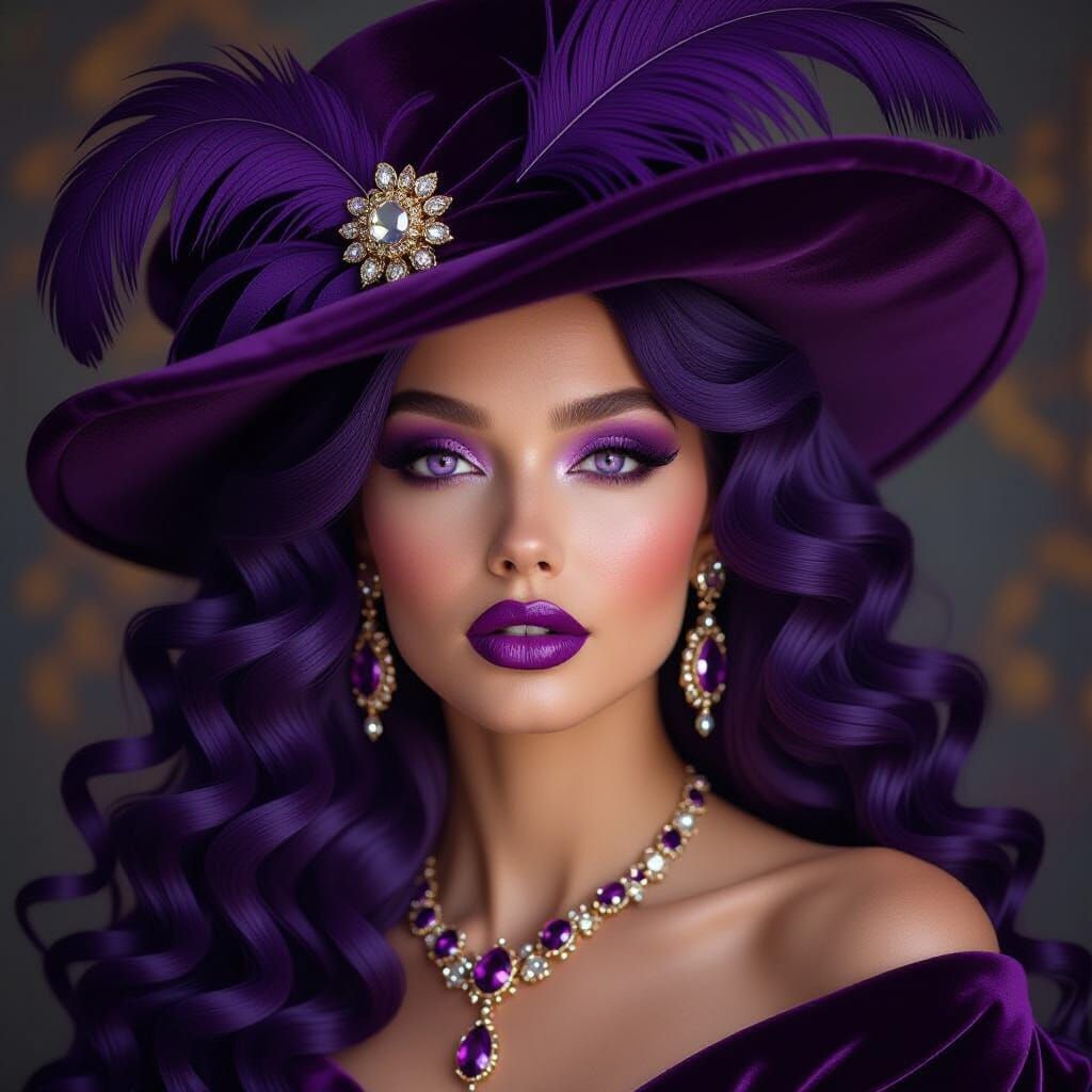 Glamorous Woman in Purple Hat, Rembrandt Lighting