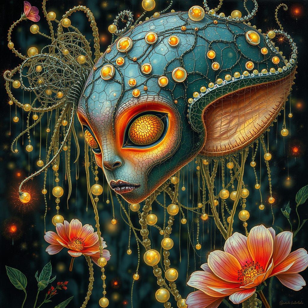 Surreal Alien Goddess with Radiant Pearls and Veined Ears