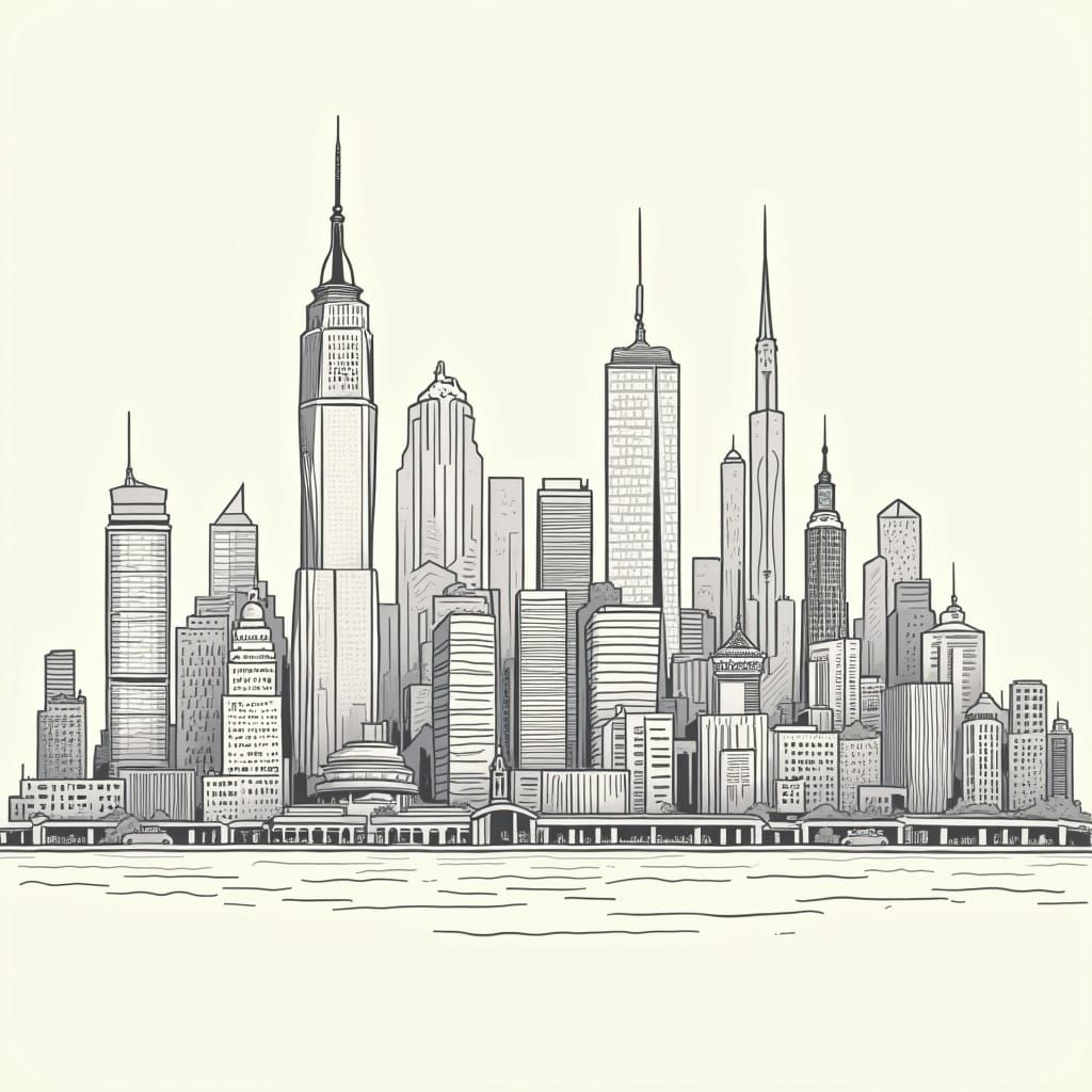 Cityscape Silhouette Line Art in Bold Style