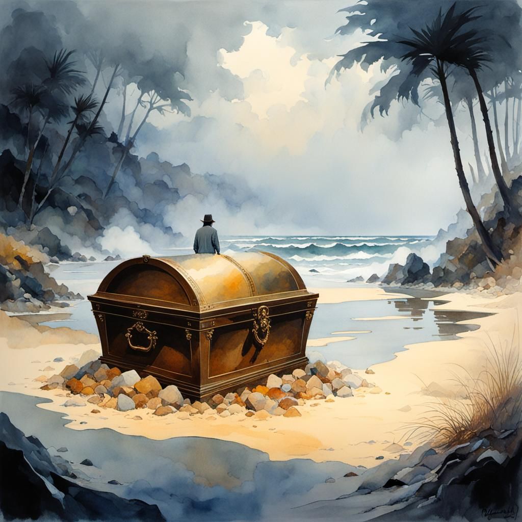Watercolor Buried Treasure on Misty Beach