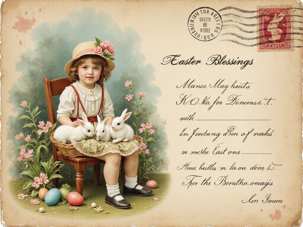 Vintage Easter Postcard with Watercolor Bunnies and Flowers