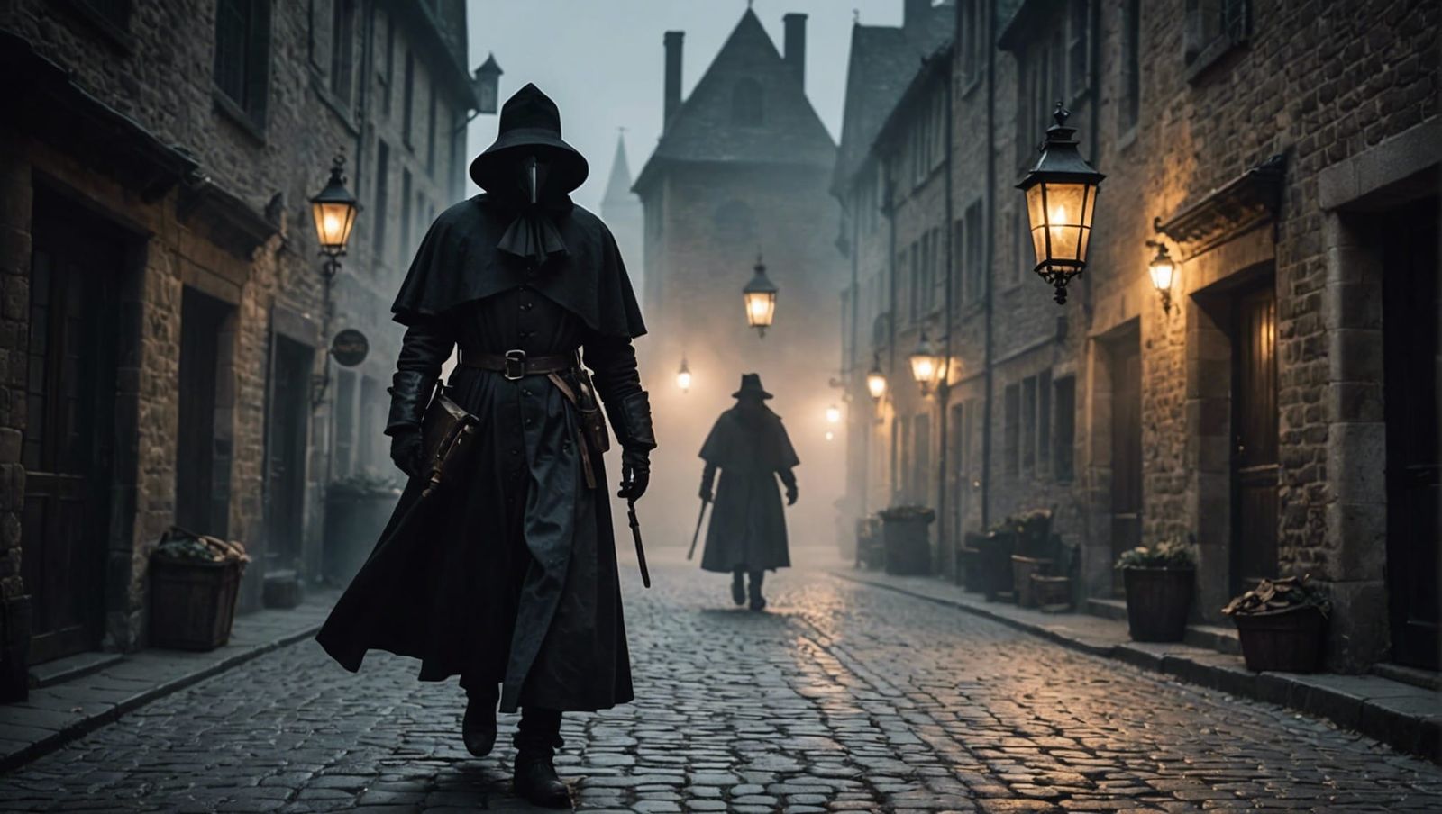Eerie Plague Doctors in Foggy Medieval Streets