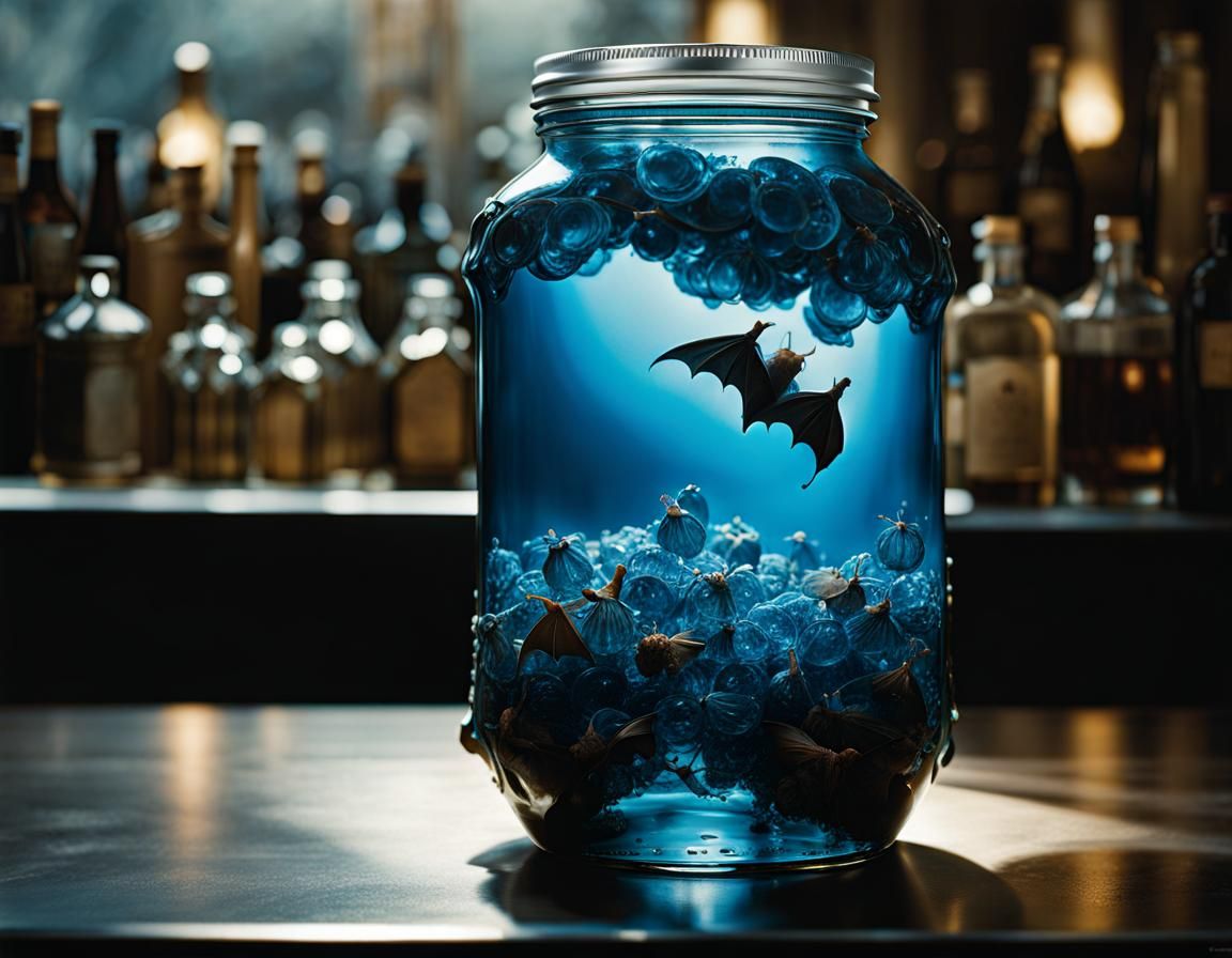 blue jar with pickled bat
