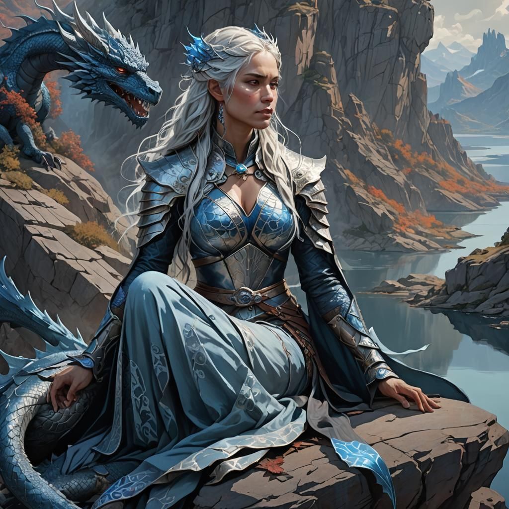 Targaryen Queen Meditating with Dragon in Rutkowski Style