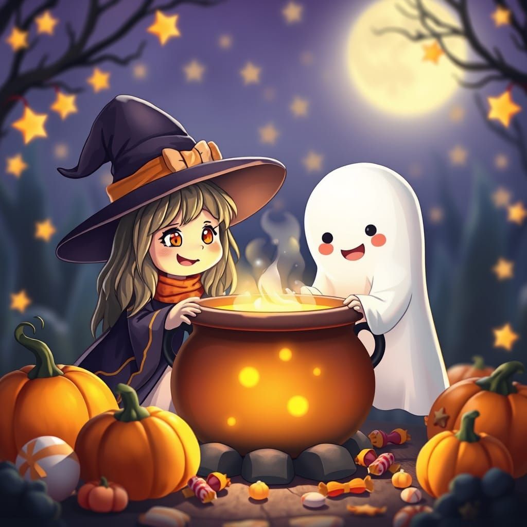 Witch and Ghost Celebrate Halloween by Magical Cauldron