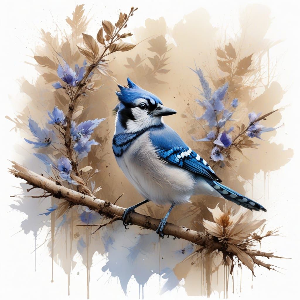 Blue Jay on Branch in Watercolour Style