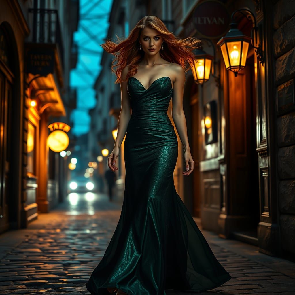 Glamorous Woman in Emerald Gown on Cobblestone Alley