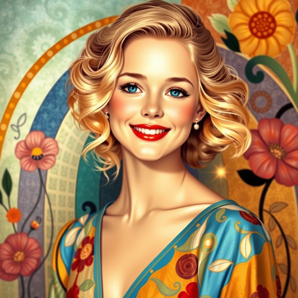 Radiant European Woman in a Rainbow-Colored Gown