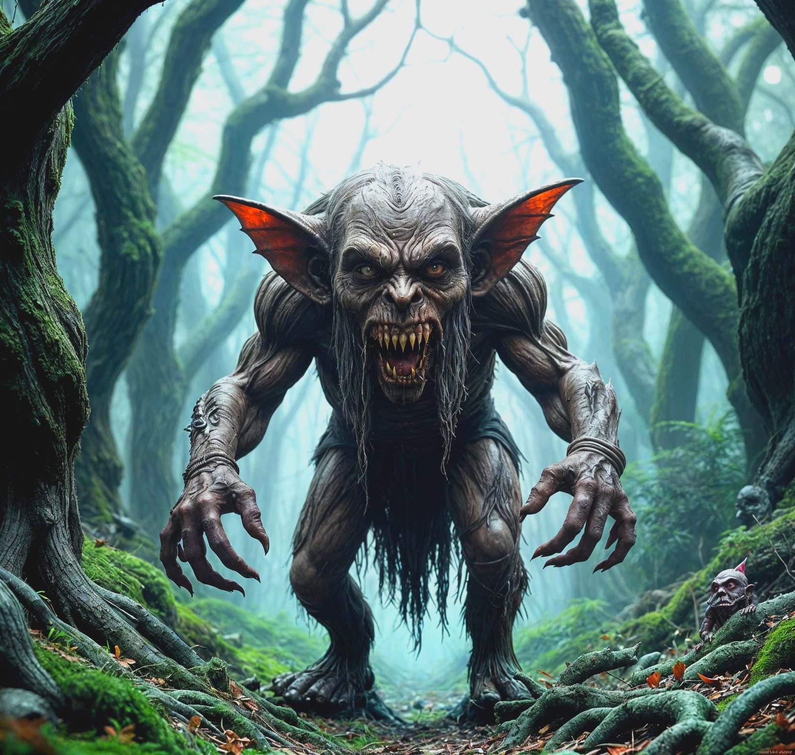 Evil Gnome in Malevolent Forest: Dark Fantasy Art