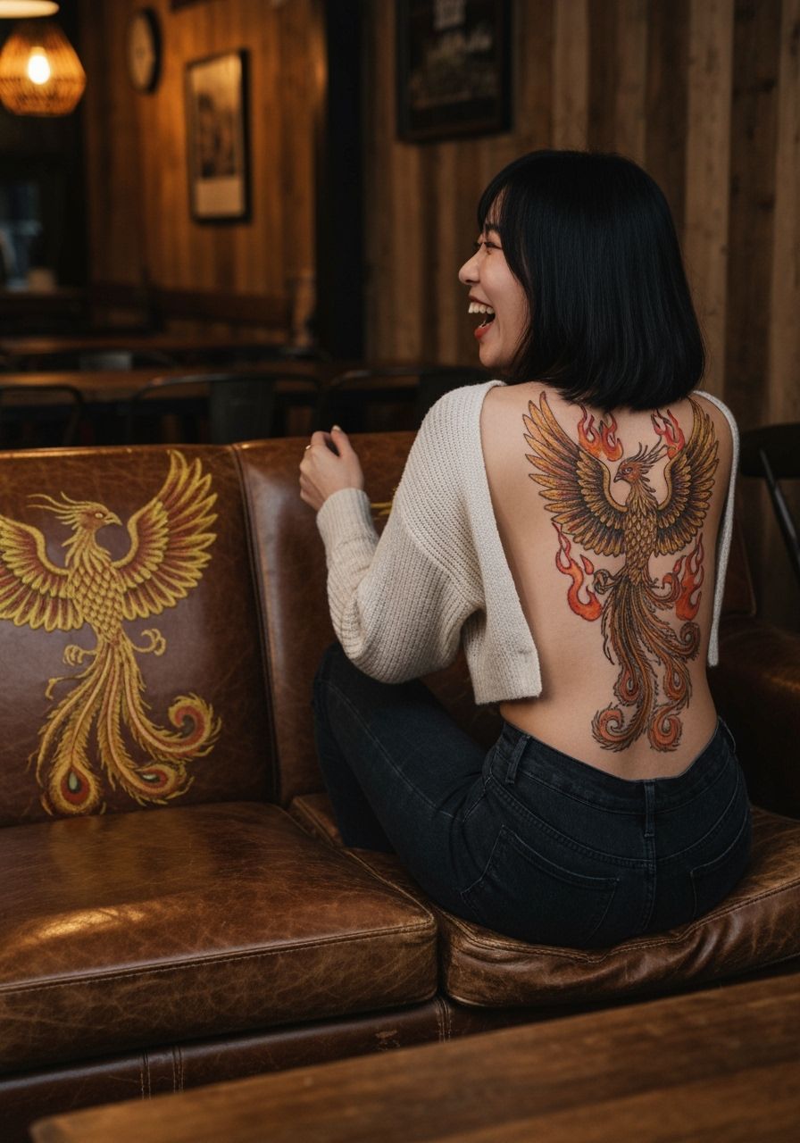 Woman with Phoenix Tattoo Laughing in Cozy Cafe