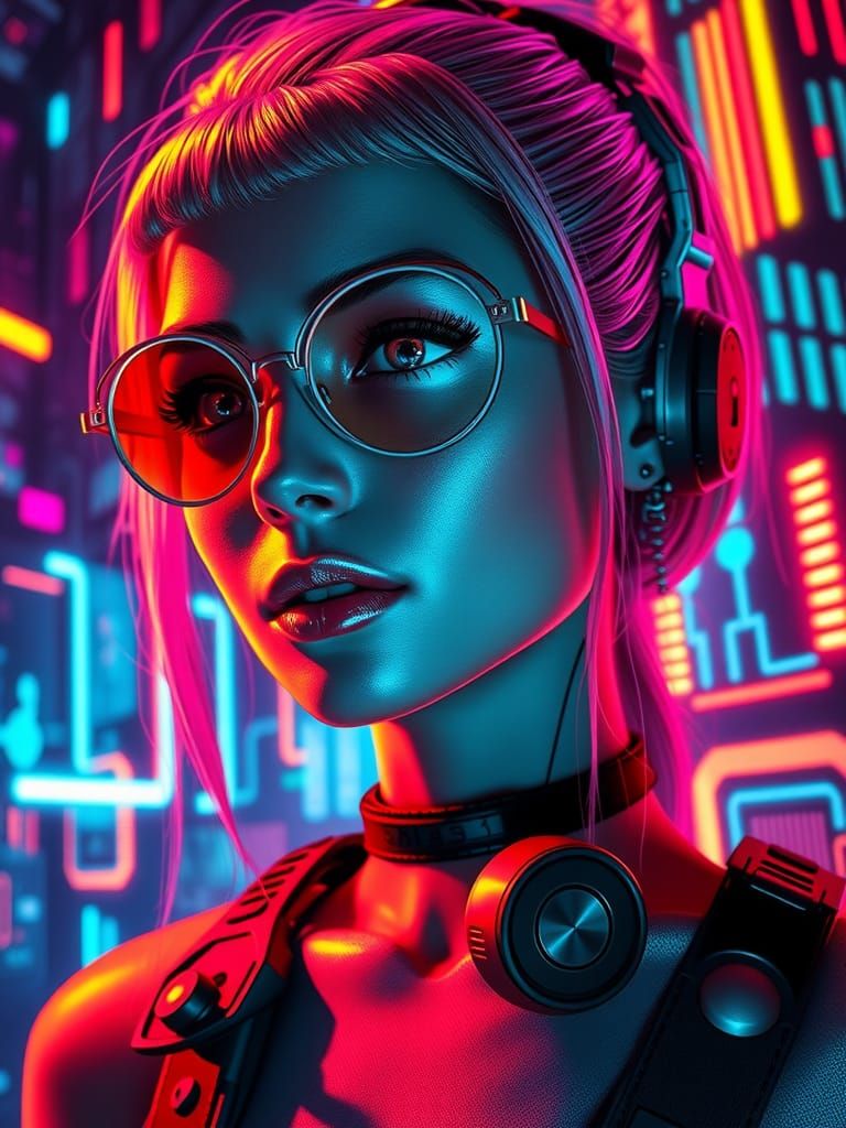 Neon Cybernetic Woman in Pop Art Glitchcore Style