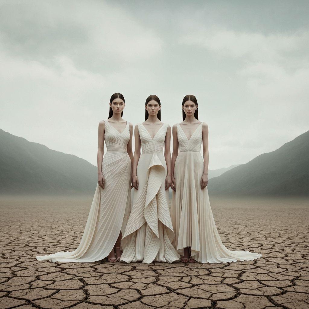 Ethereal Women in Couture Gowns on Cracked Earth