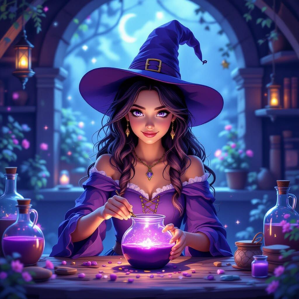 Young Sorceress Brewing Magic Potion in Digital Art Style