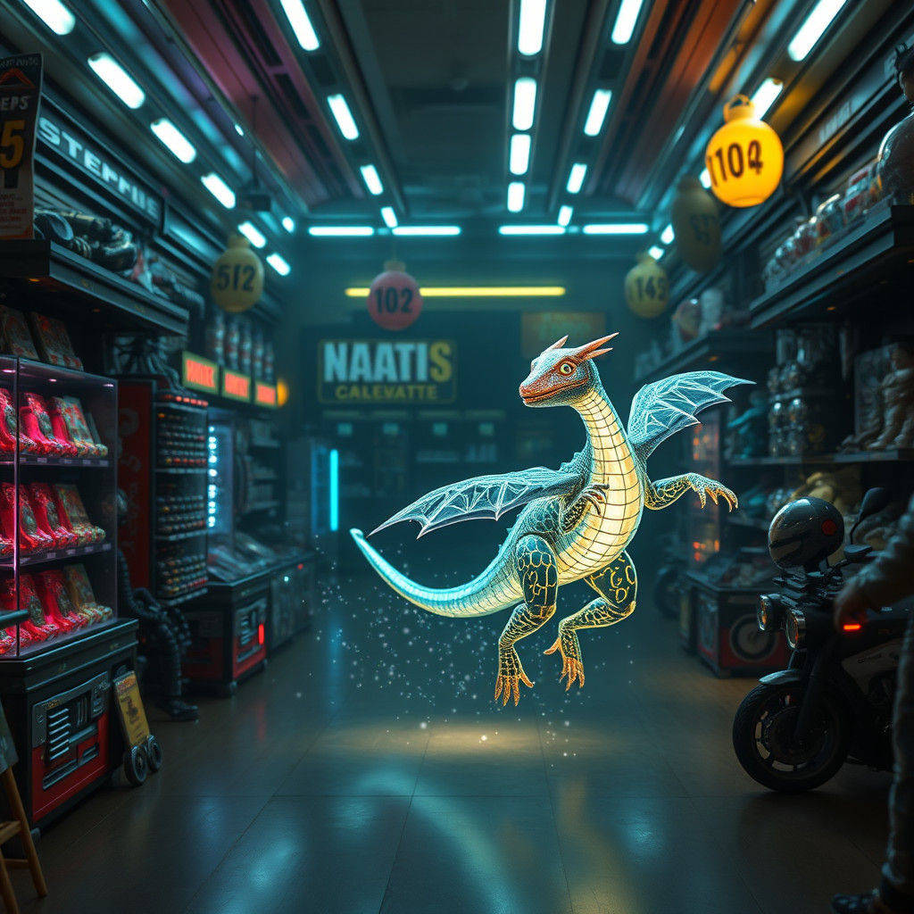 Futuristic Toy Store Shelf with Holographic Dragon