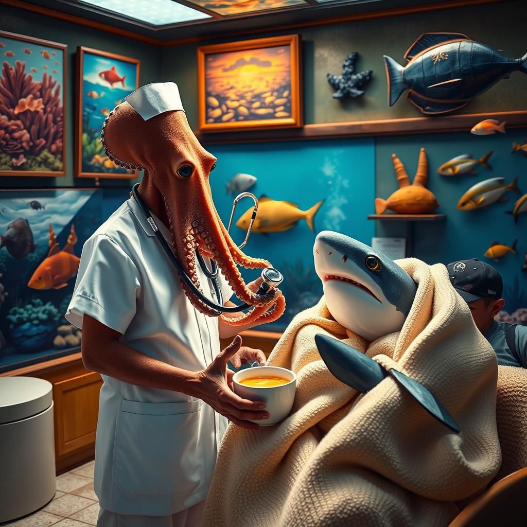 Octopus Nurse Cares for Shark Patient Underwater