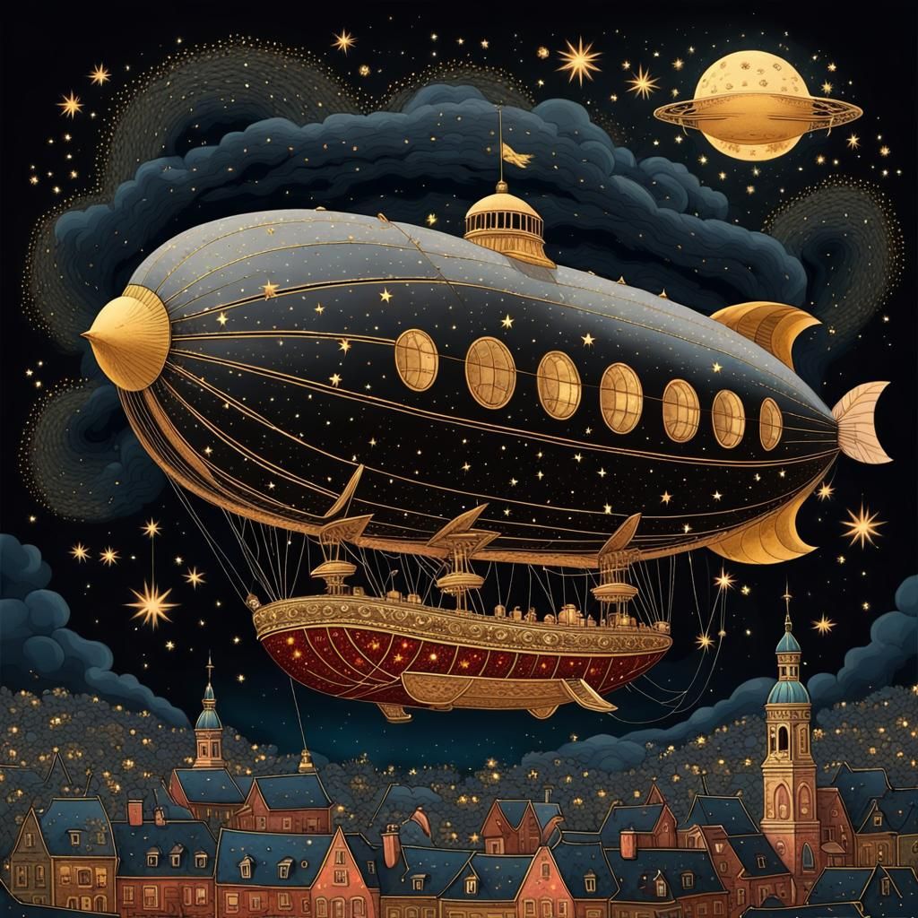 Zeppelin Soaring Under Starry Sky: Palekh Style