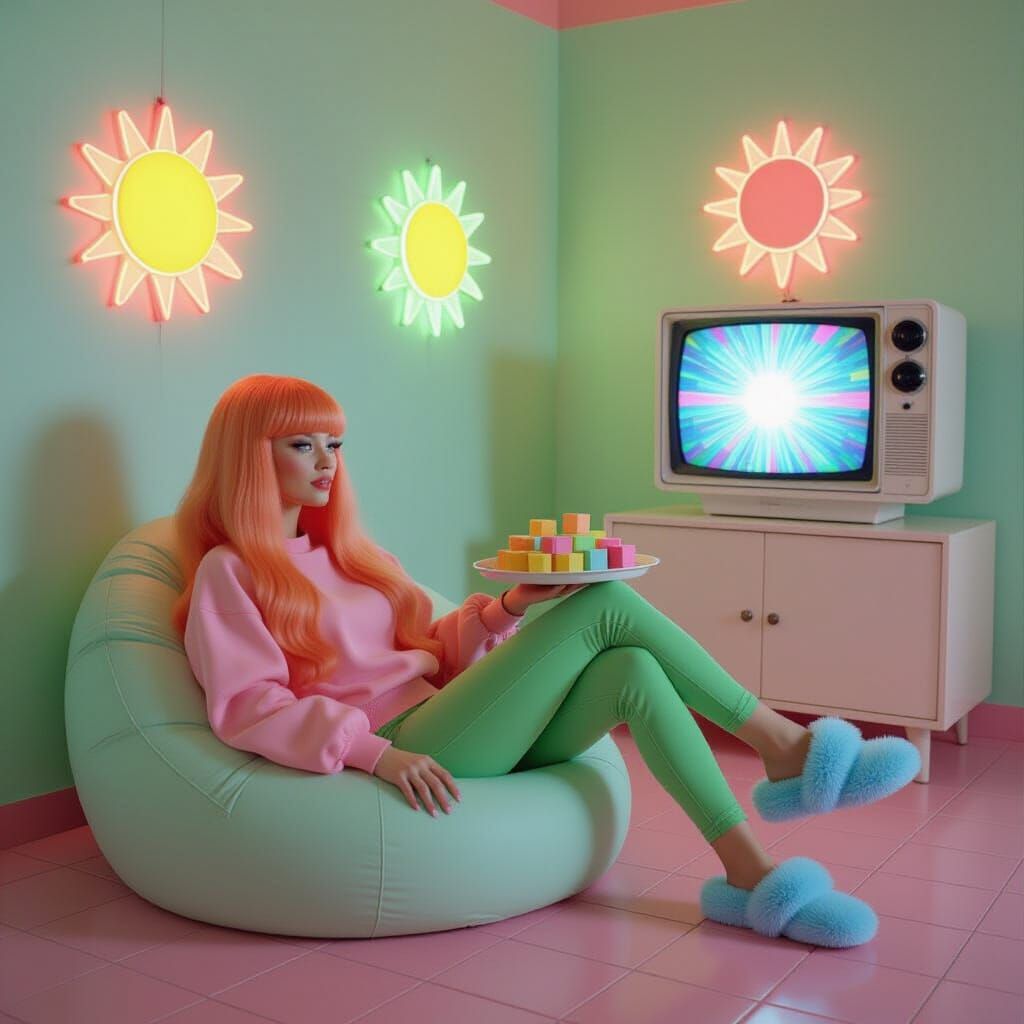 Vaporwave Waiting Room with Hostess and Neon Sun Symbols